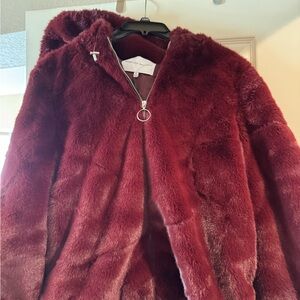 Rebecca Minkoff Burgundy Aria Jacket Cozy Faux Fur Hooded with pockets